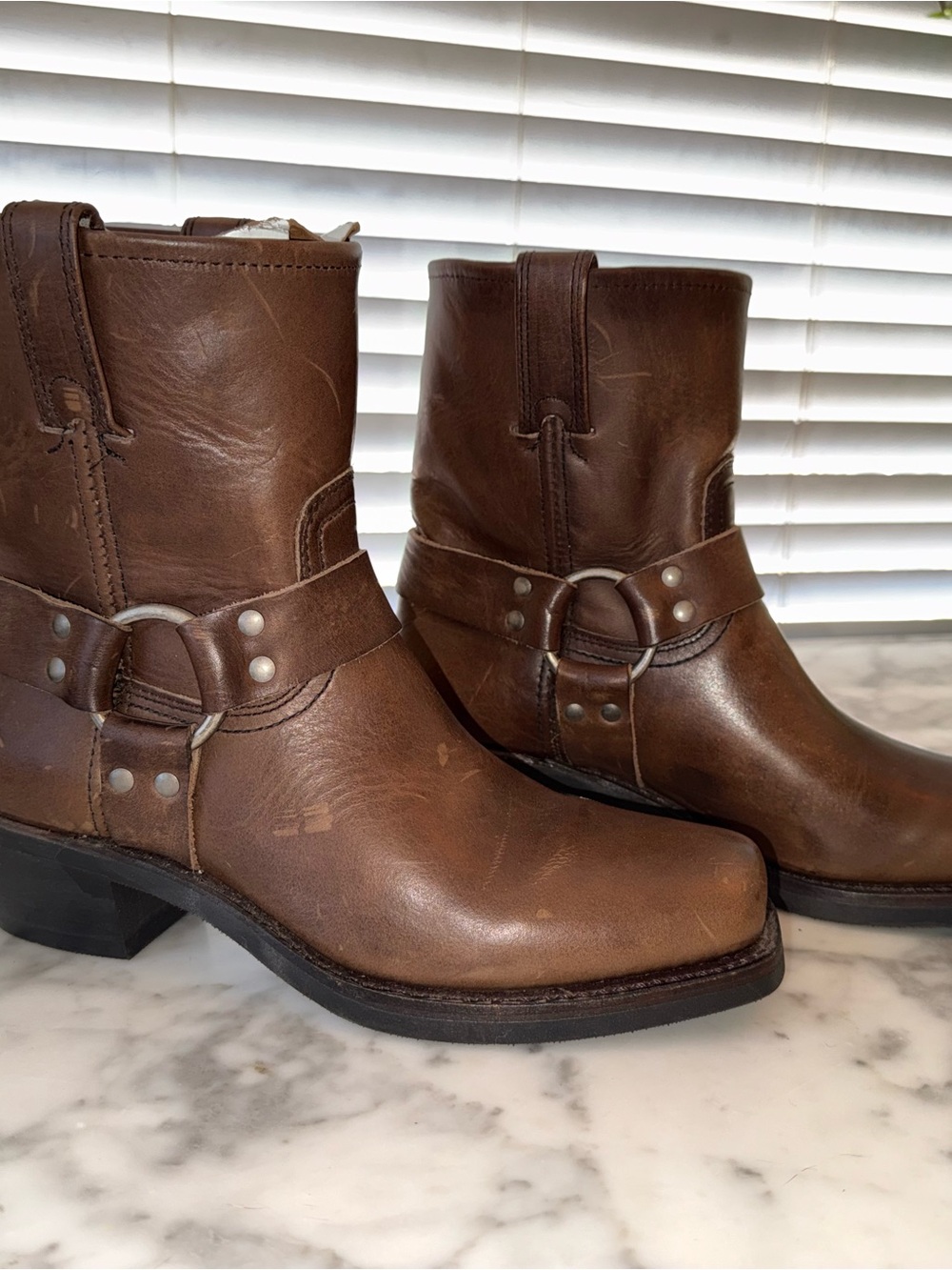 Frye Brown Leather Harness Ankle Boots